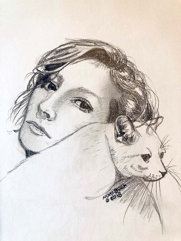 Sketched Portrait, Gal and Cat