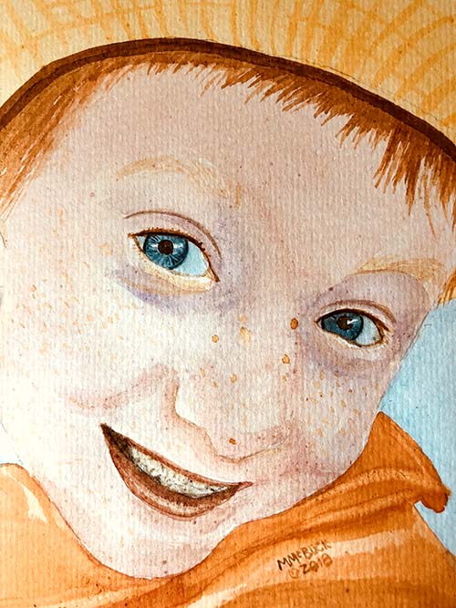 Close Up Cute Red Head Boy Watercolor Portrait